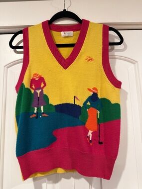 Lynx Golf collection wool Scene Knit Sweater Vest - Yellow & Pink med